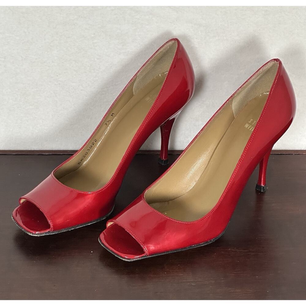 Stuart Weitzman Red Patent Leather Open Toe Heels… - image 4
